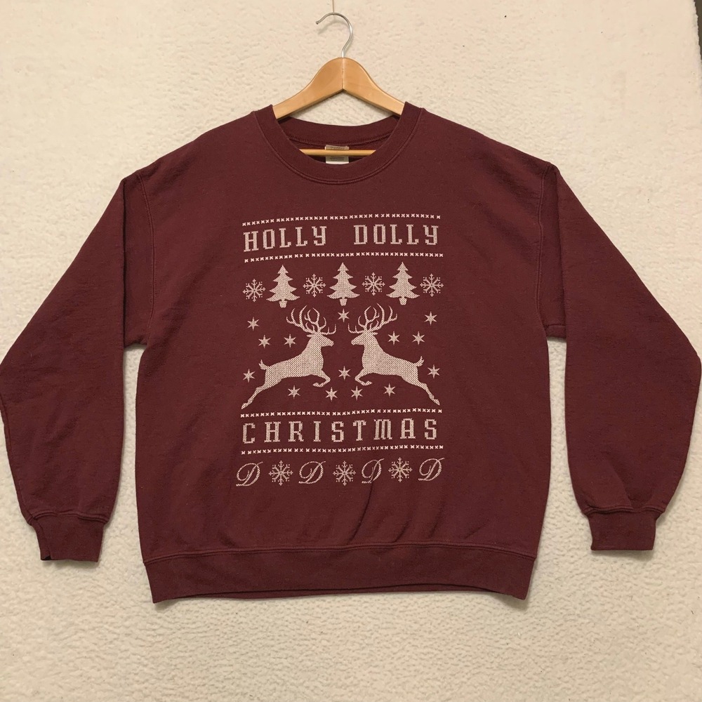 Holly Dolly Christmas Reindeer Sweatshirt Unisex L Dolly Parton Maroon Burgundy